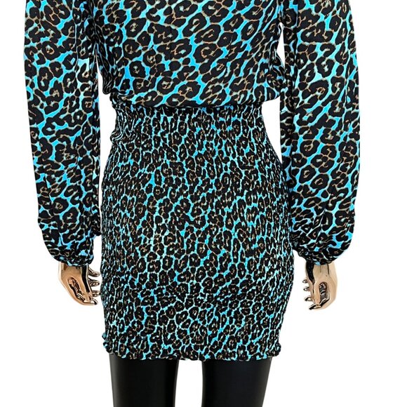 AFRM Blue Leopard Print Mini Dress Smocked Waist Long Sleeve Size SP Revolve - Picture 11 of 12